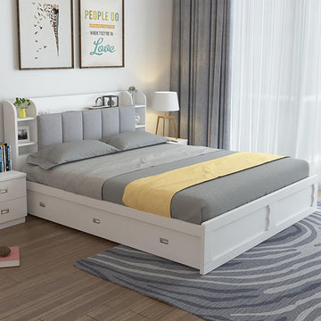 Modern White Storage Bed Low Profile Queen Bed with 3 Drawers